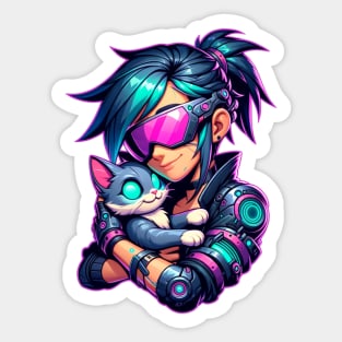 Cyberpunk Girl and Cat Sticker